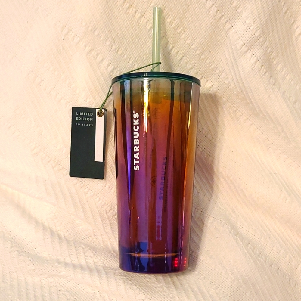 NWT Starbucks Limited Edition 50th Anniversary Oil Slick Glass Cold Cup Tumbler